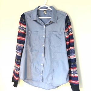 Free People Chambray Button Down w/ Knitted Sleeve